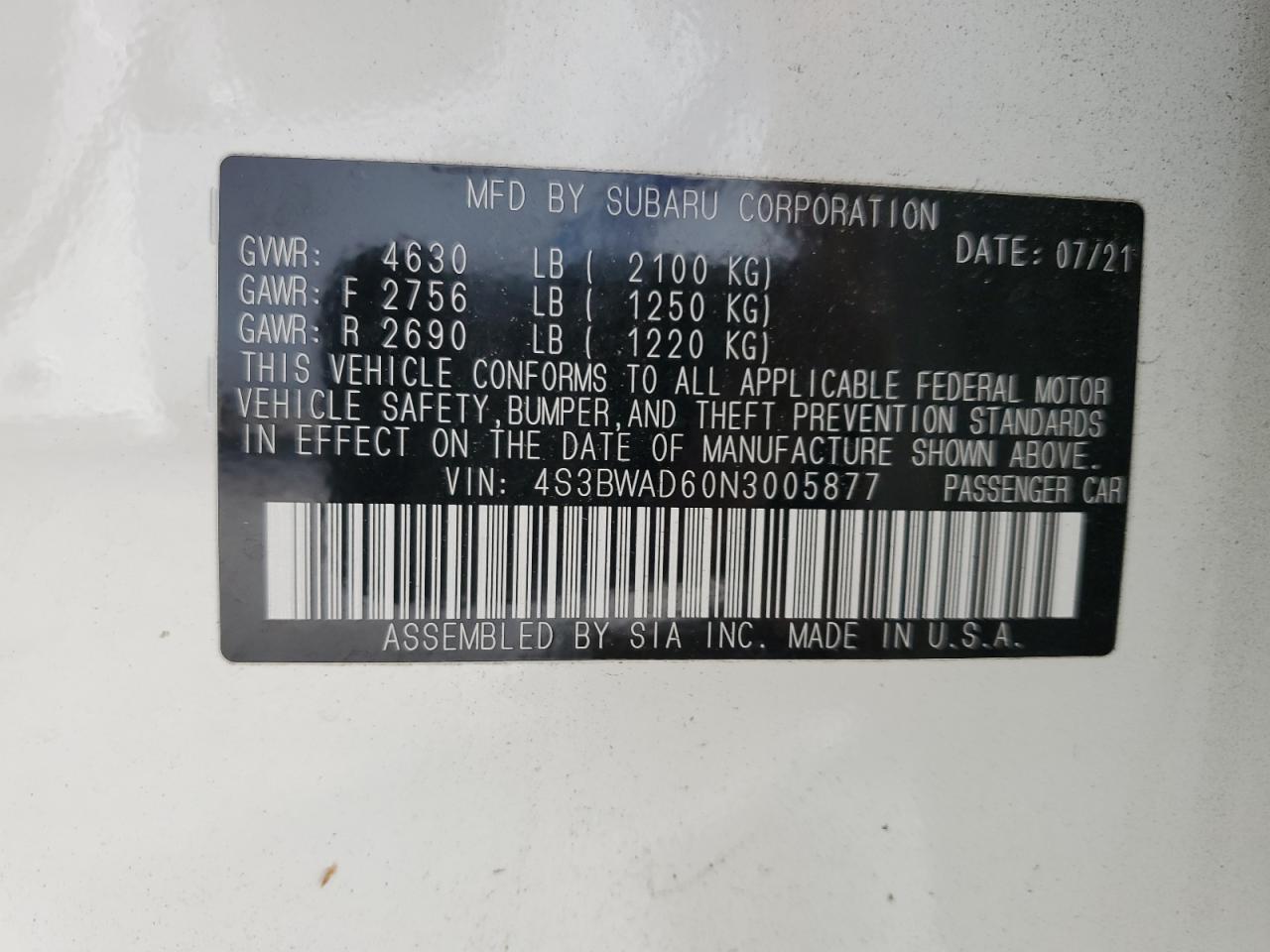 2022 SUBARU LEGACY PREMIUM VIN:4S3BWAD60N3005877