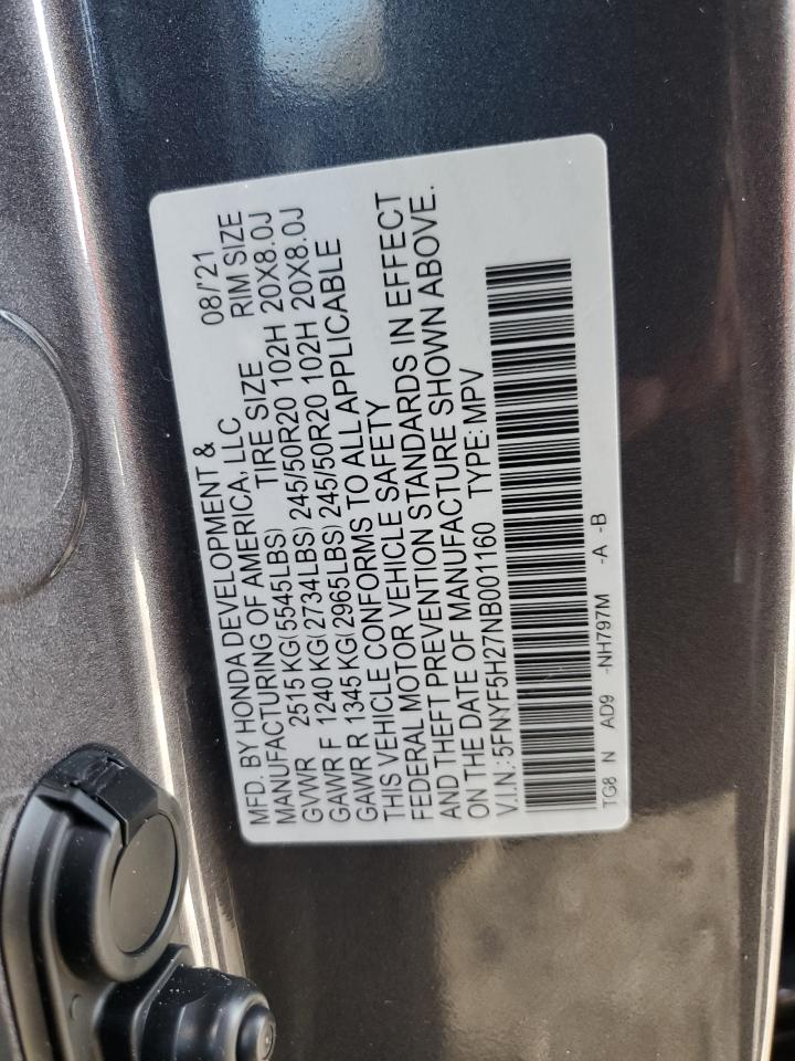 2022 HONDA PILOT SE VIN:5FNYF5H27NB001160