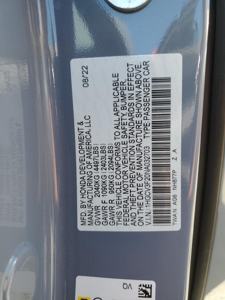 2022 HONDA ACCORD HYBRID SPORT VIN:1HGCV3F20NA032703