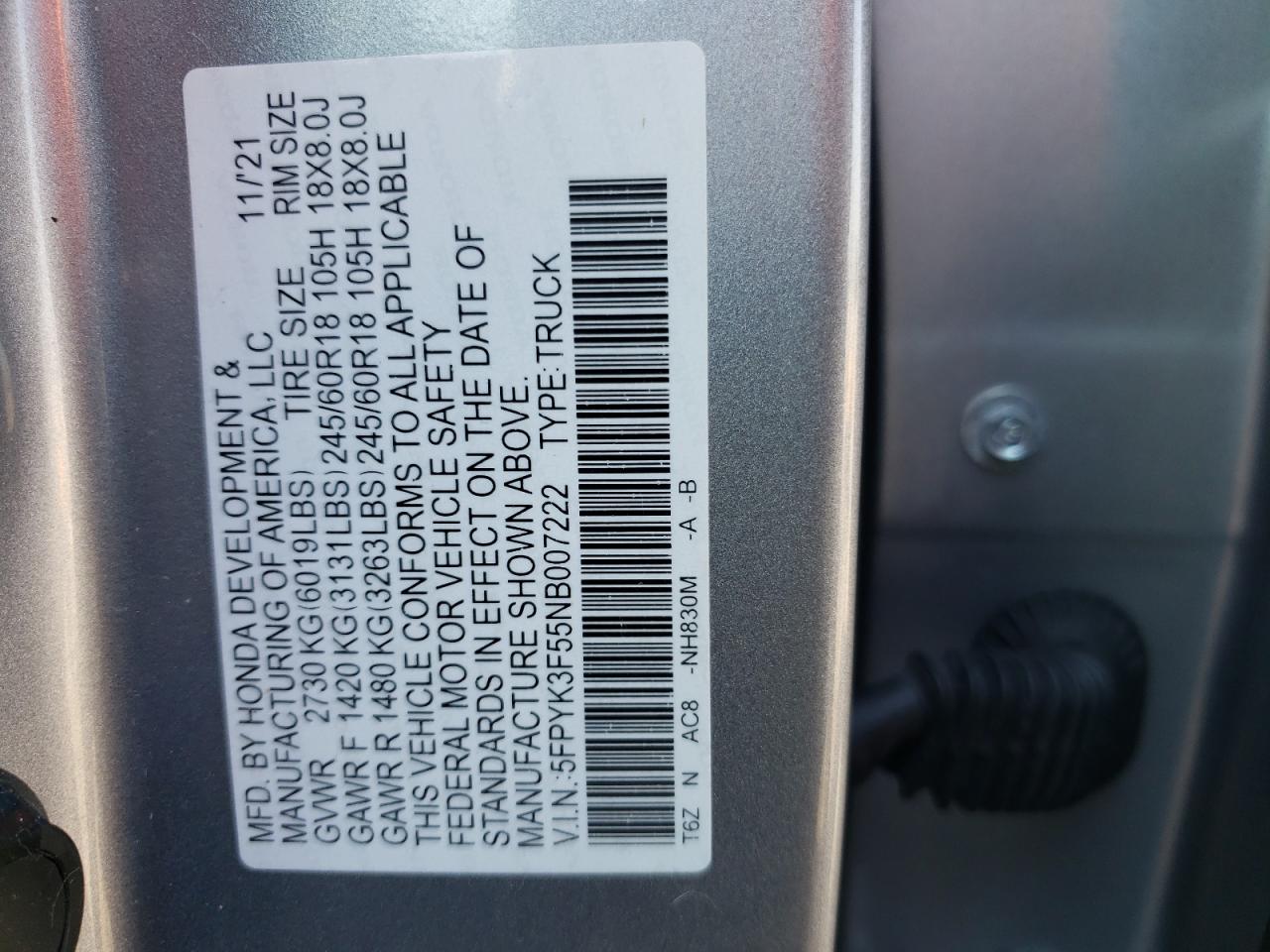2022 HONDA RIDGELINE RTL VIN:5FPYK3F55NB007222