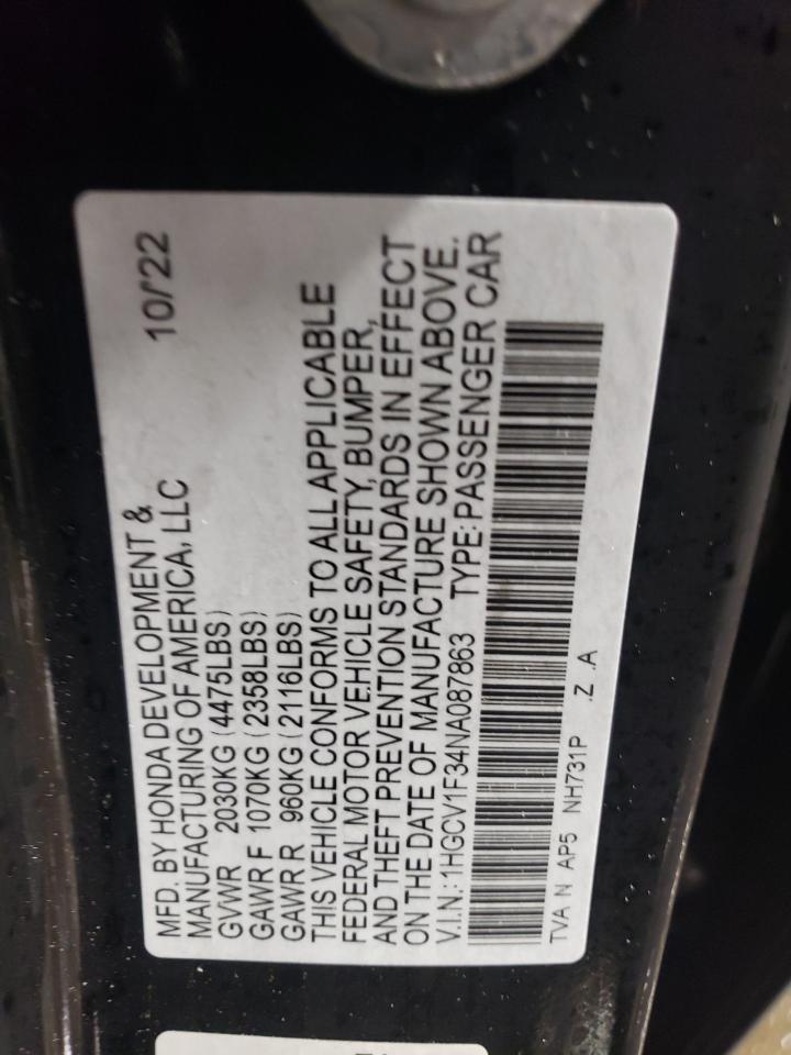 2022 HONDA ACCORD SPORT VIN:1HGCV1F34NA087863