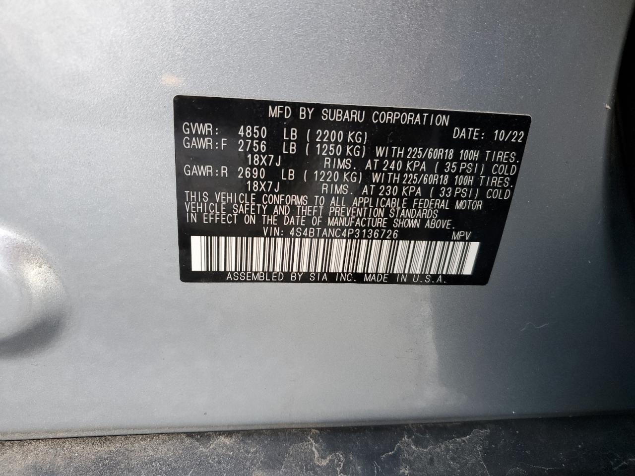 2023 SUBARU OUTBACK LIMITED VIN:4S4BTANC4P3136726