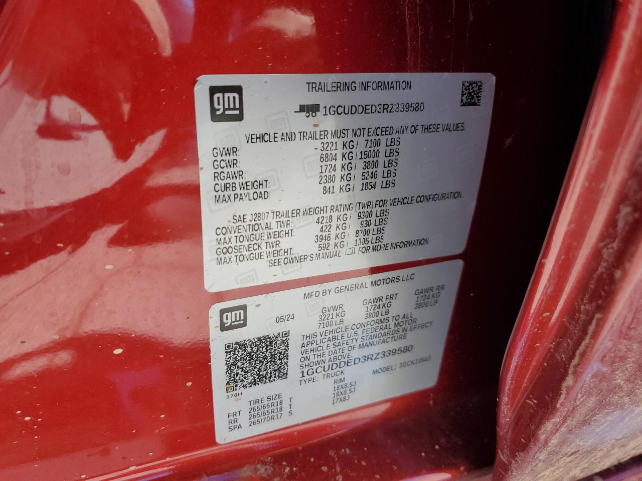 2024 CHEVROLET SILVERADO K1500 LT VIN:1GCUDDED3RZ339580