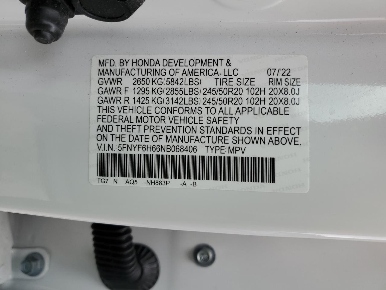 2022 HONDA PILOT TOURING VIN:5FNYF6H66NB068406
