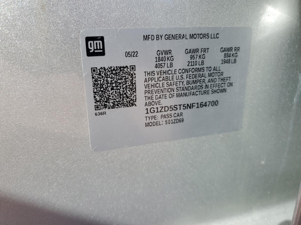 2022 CHEVROLET MALIBU LT VIN:1G1ZD5ST5NF164700