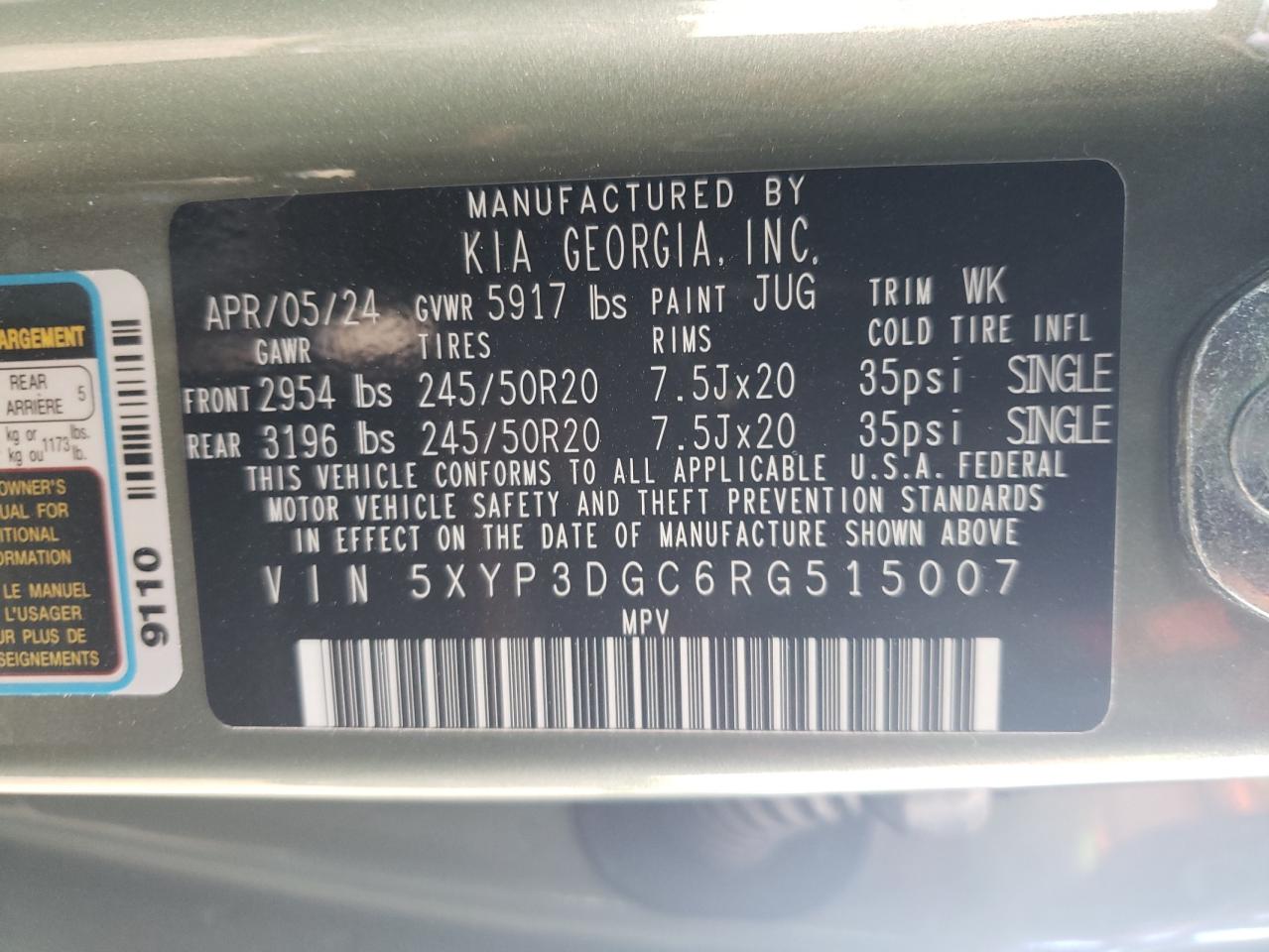 2024 KIA TELLURIDE EX VIN:5XYP3DGC6RG515007