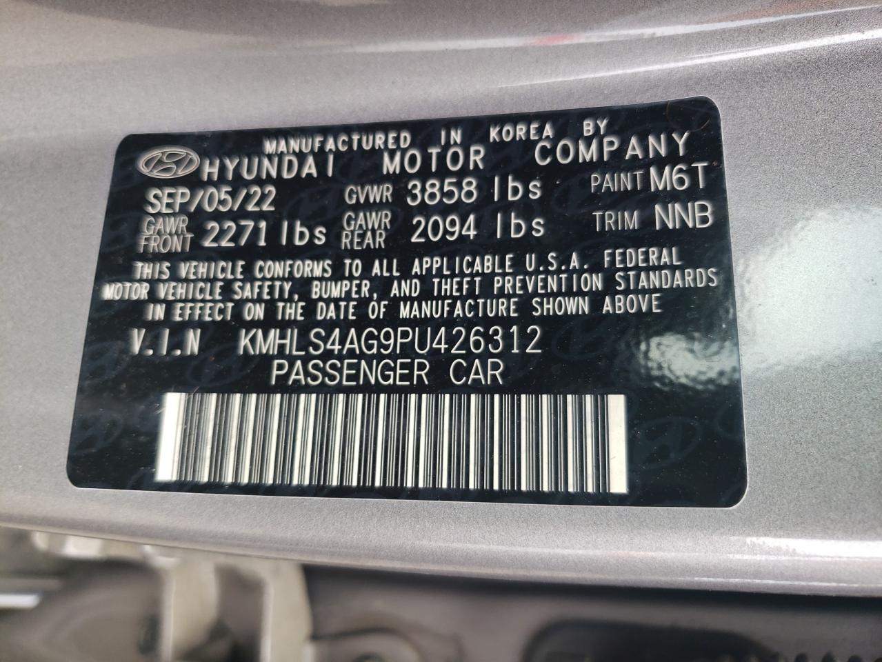 2023 HYUNDAI ELANTRA SEL VIN:KMHLS4AG9PU426312