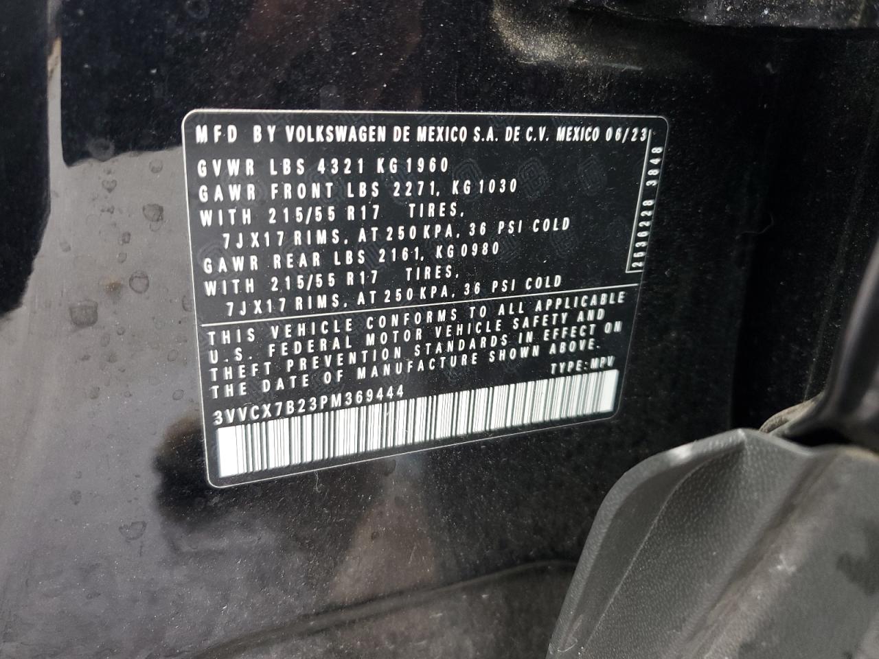 2023 VOLKSWAGEN TAOS S VIN:3VVCX7B23PM369444