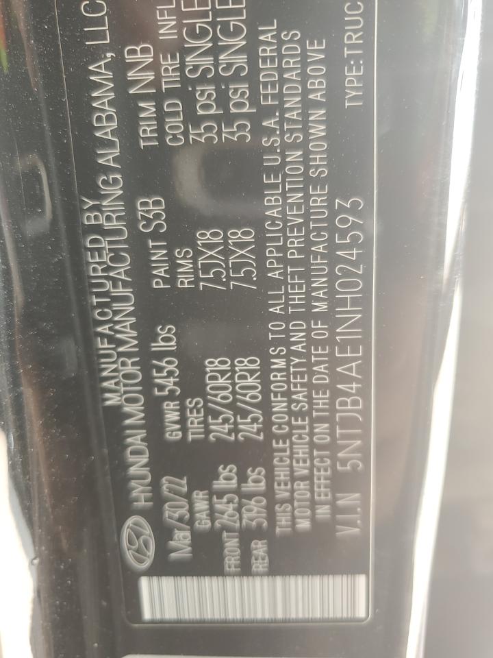 2022 HYUNDAI SANTA CRUZ SEL VIN:5NTJB4AE1NH024593