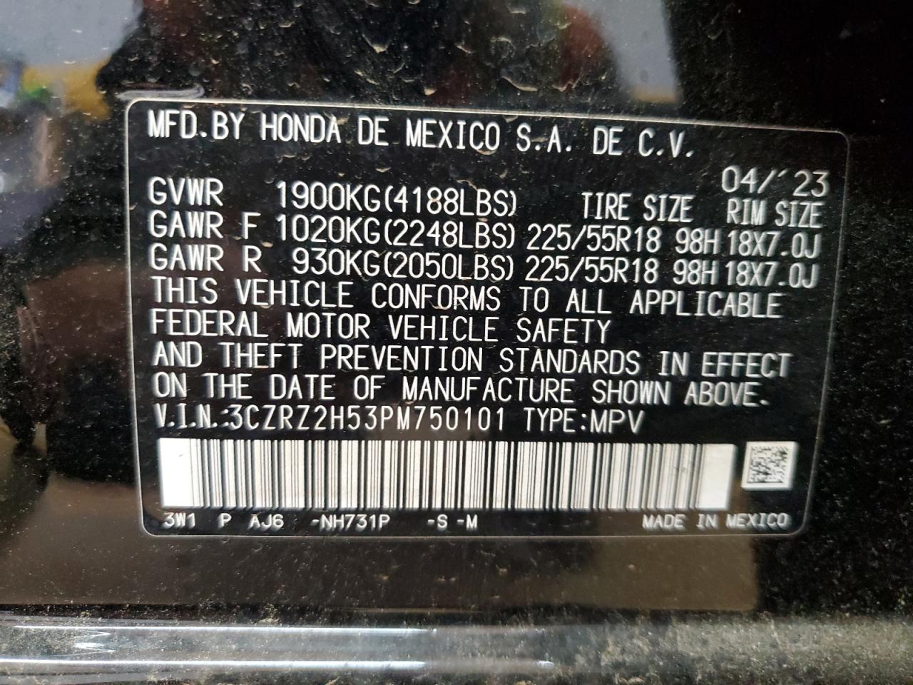 2023 HONDA HR-V SPORT VIN:3CZRZ2H53PM750101