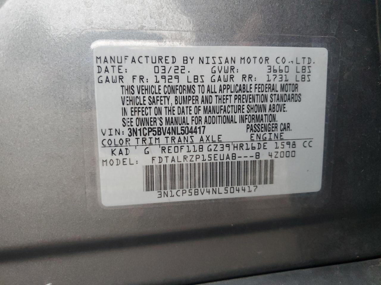 2022 NISSAN KICKS S VIN:3N1CP5BV4NL504417