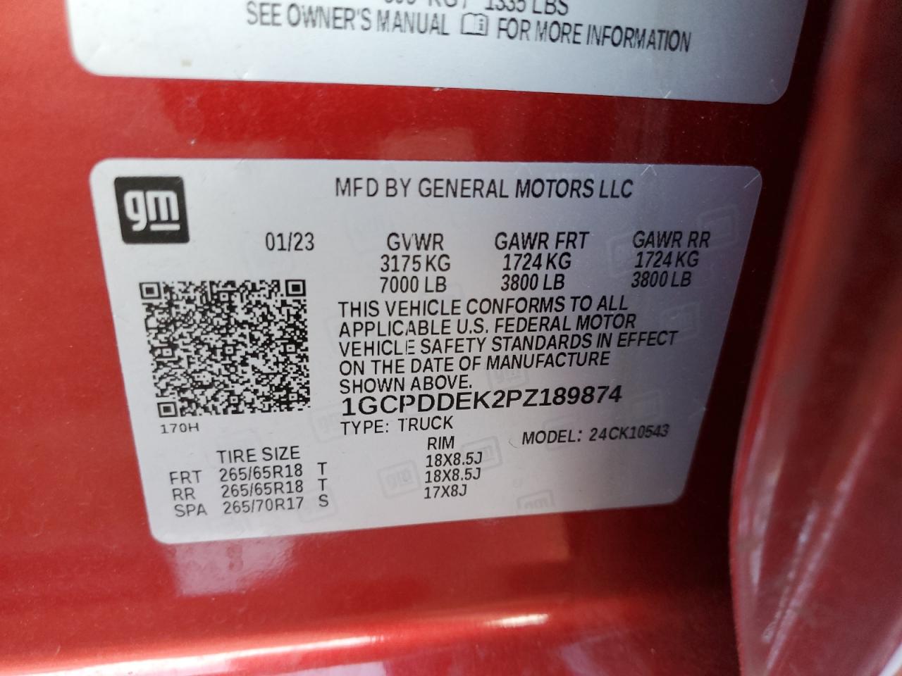 2023 CHEVROLET SILVERADO K1500 LT VIN:1GCPDDEK2PZ189874