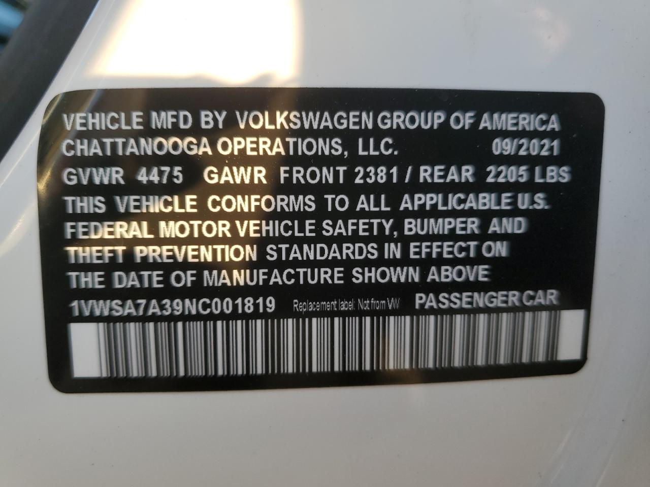 2022 VOLKSWAGEN PASSAT SE VIN:1VWSA7A39NC001819