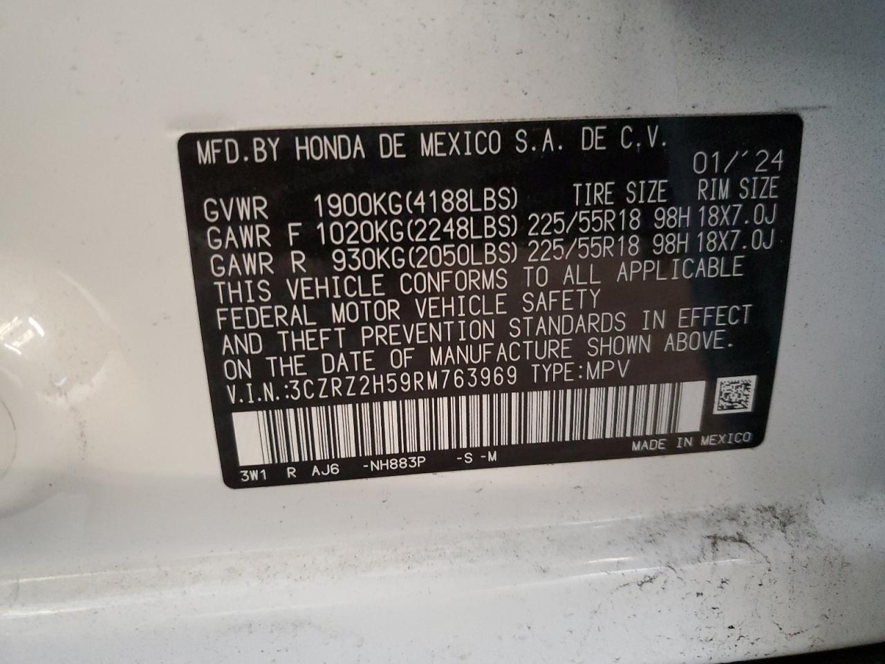 2024 HONDA HR-V SPORT VIN:3CZRZ2H59RM763969