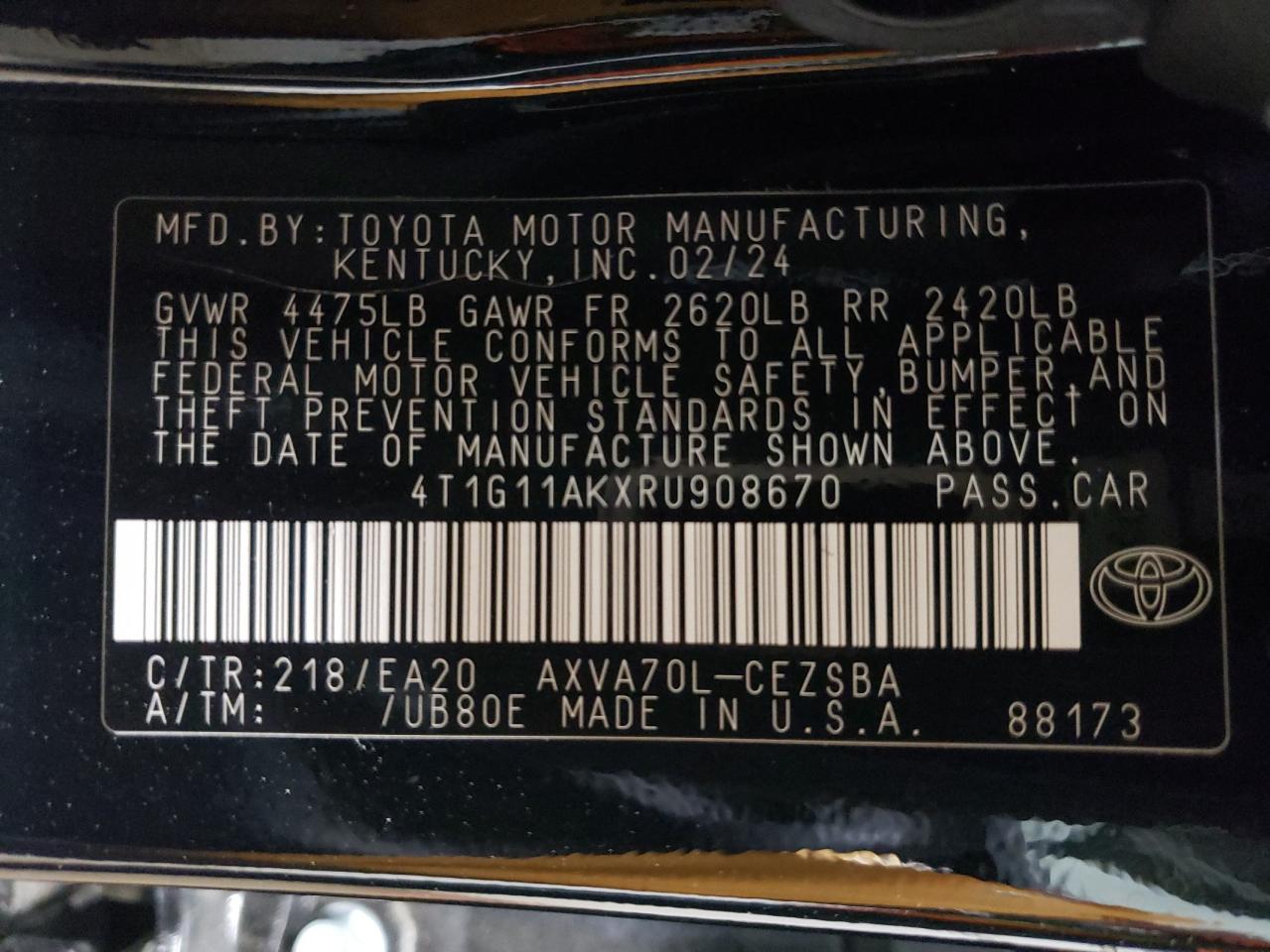 2024 TOYOTA CAMRY SE NIGHT SHADE VIN:4T1G11AKXRU908670