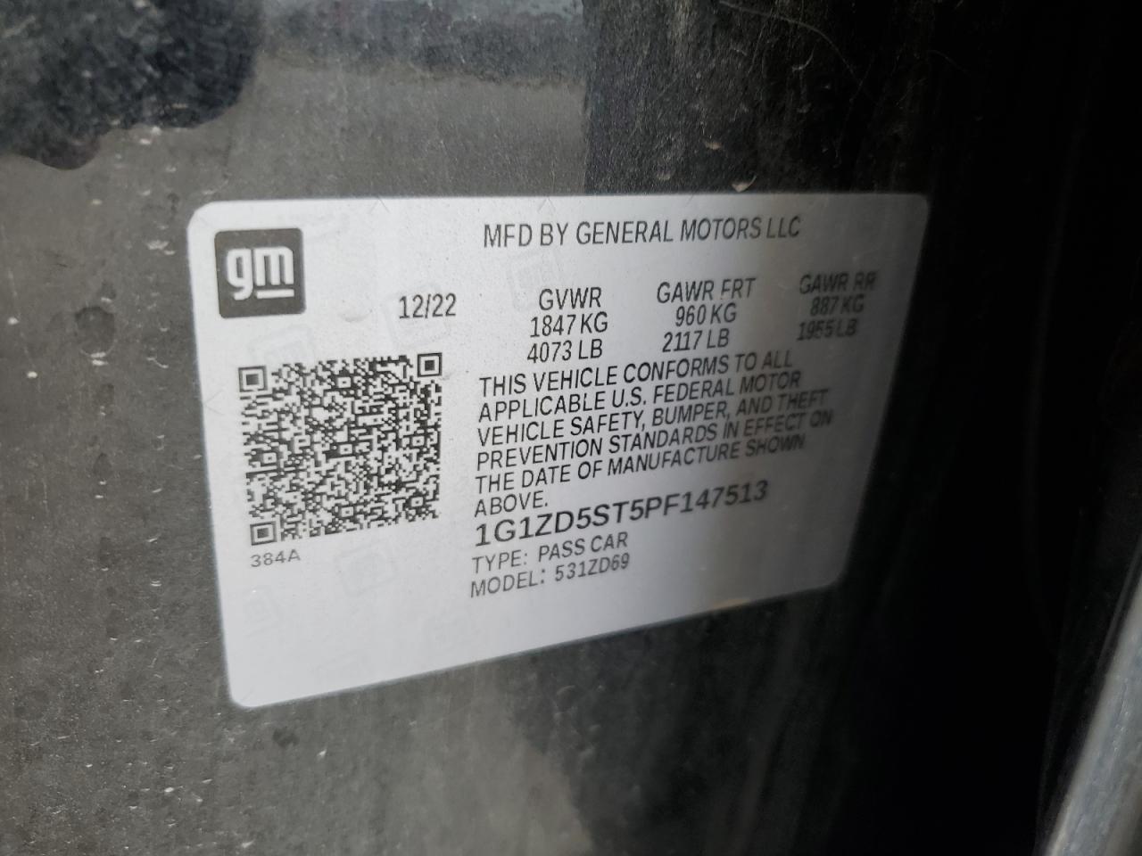 2023 CHEVROLET MALIBU LT VIN:1G1ZD5ST5PF147513