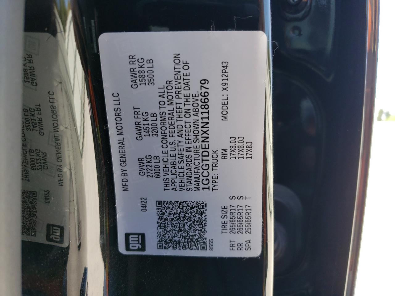 2022 CHEVROLET COLORADO Z71 VIN:1GCGTDENXN1186679