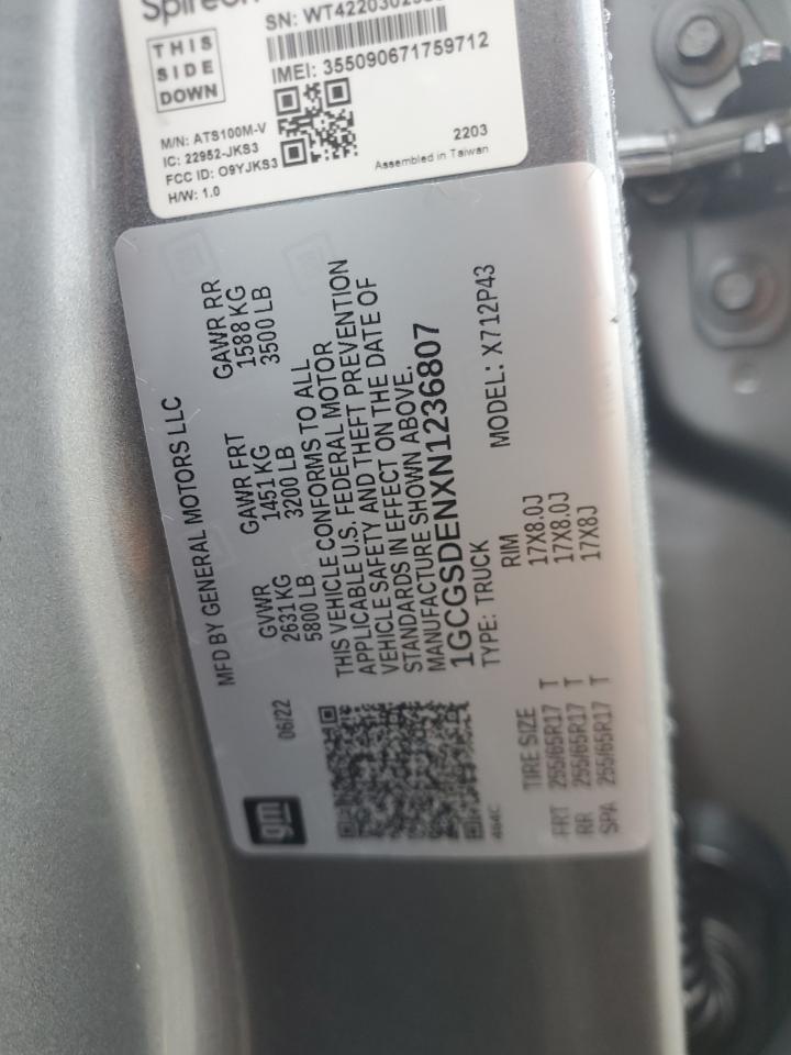 2022 CHEVROLET COLORADO Z71 VIN:1GCGSDENXN1236807