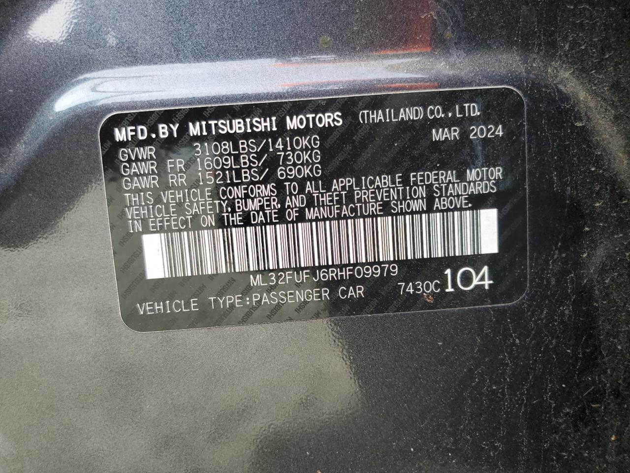 2024 MITSUBISHI MIRAGE G4 ES VIN:ML32FUFJ6RHF09979