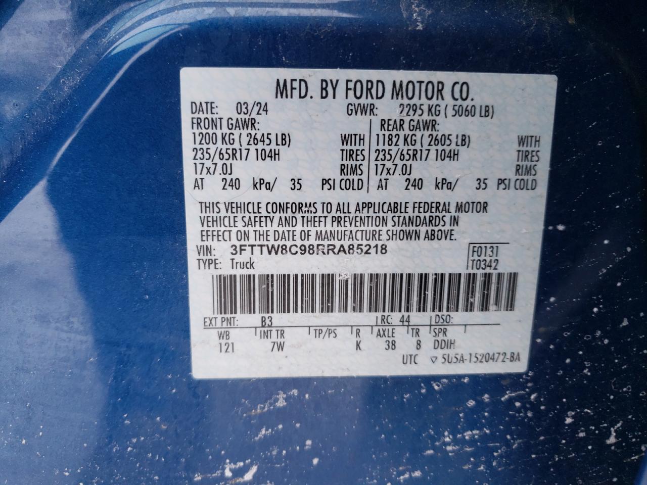 2024 FORD MAVERICK XLT TREMOR VIN:3FTTW8C98RRA85218