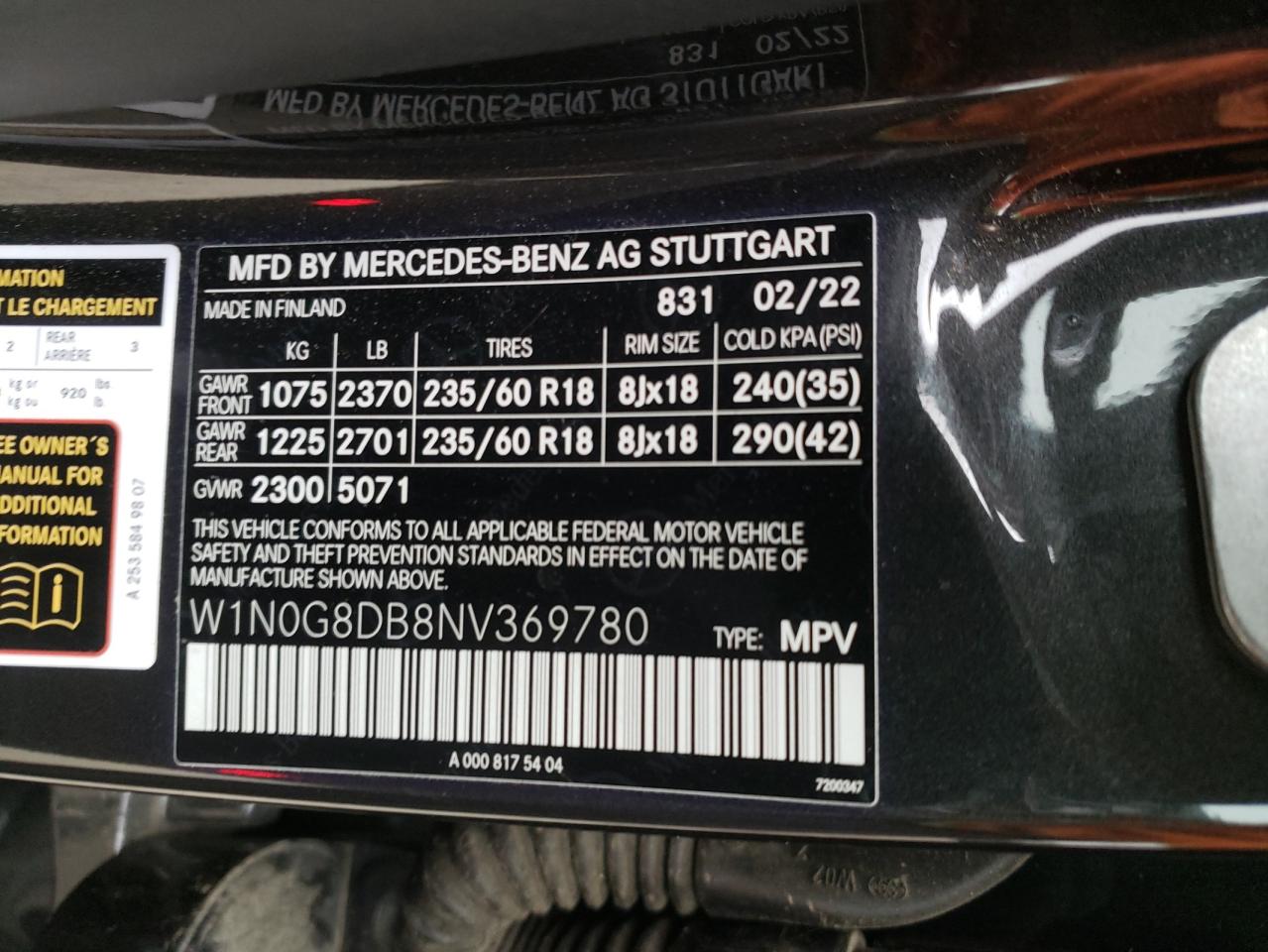 2022 MERCEDES-BENZ GLC 300 VIN:W1N0G8DB8NV369780