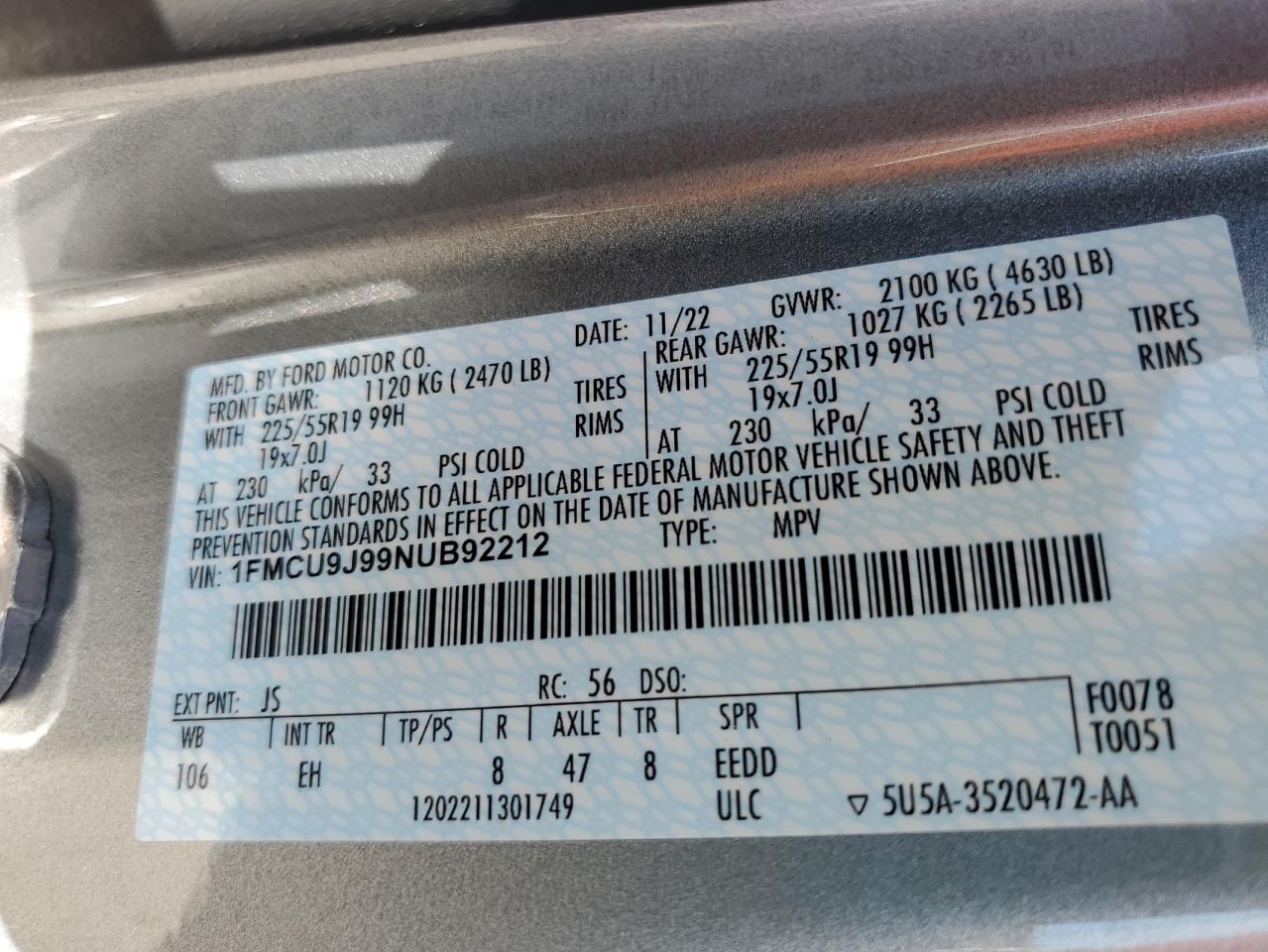2022 FORD ESCAPE TITANIUM VIN:1FMCU9J99NUB92212
