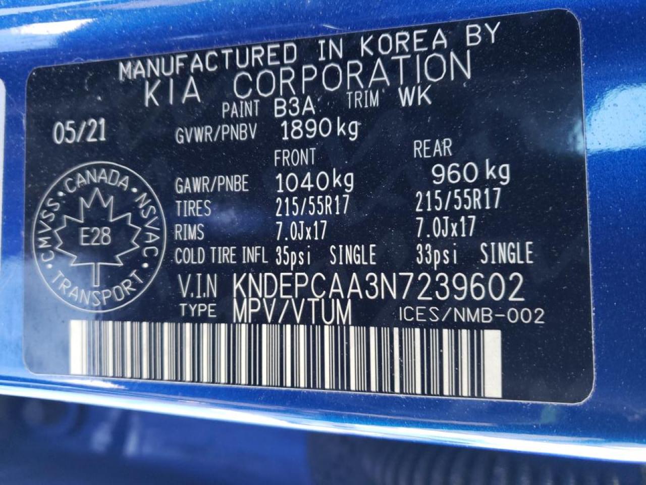 2022 KIA SELTOS LX VIN:KNDEPCAA3N7239602