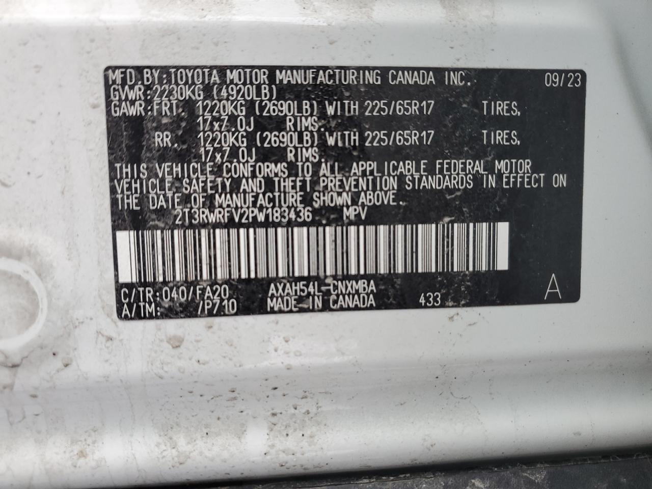 2023 TOYOTA RAV4 XLE VIN:2T3RWRFV2PW183436
