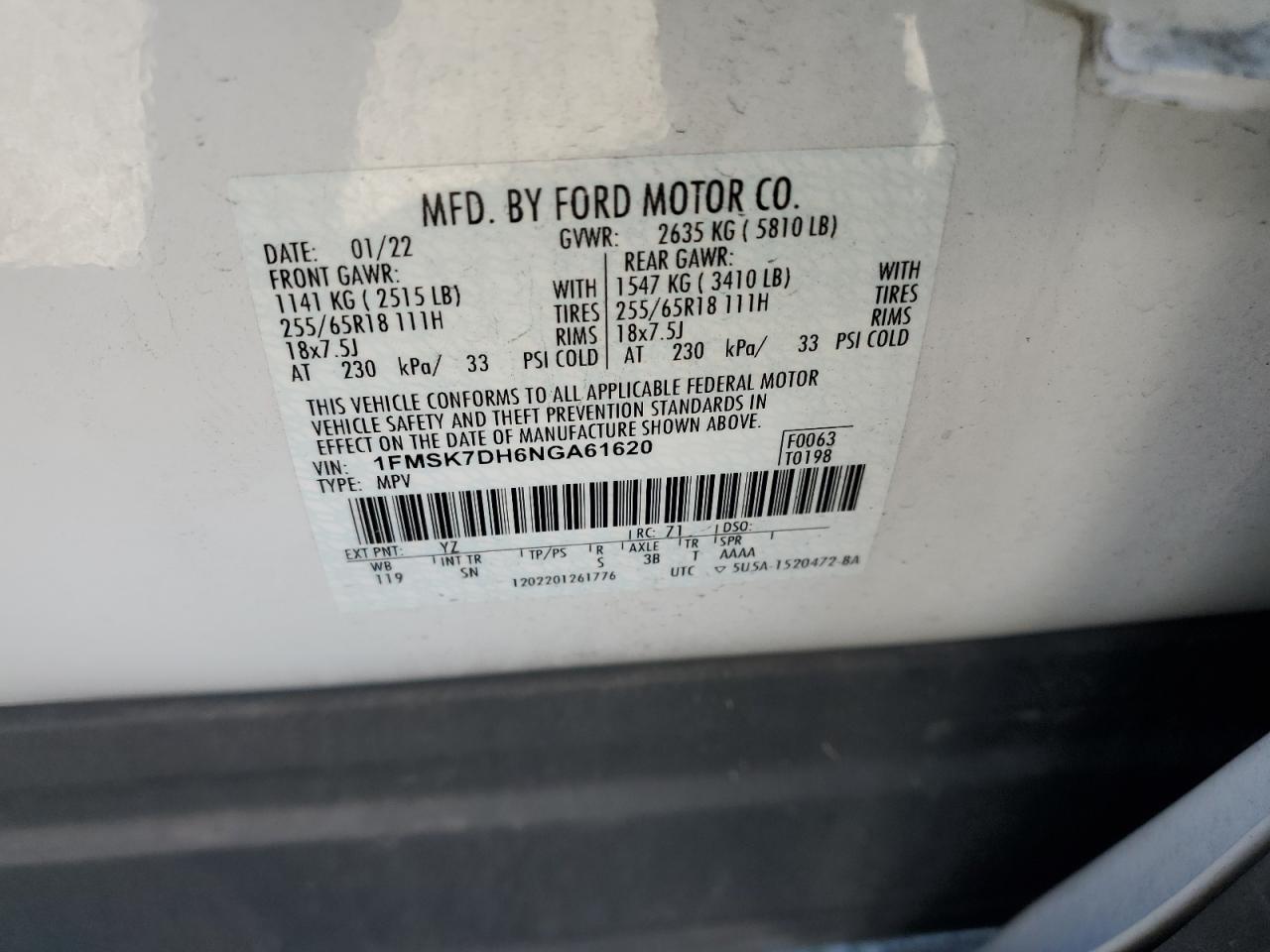 2022 FORD EXPLORER XLT VIN:1FMSK7DH6NGA61620