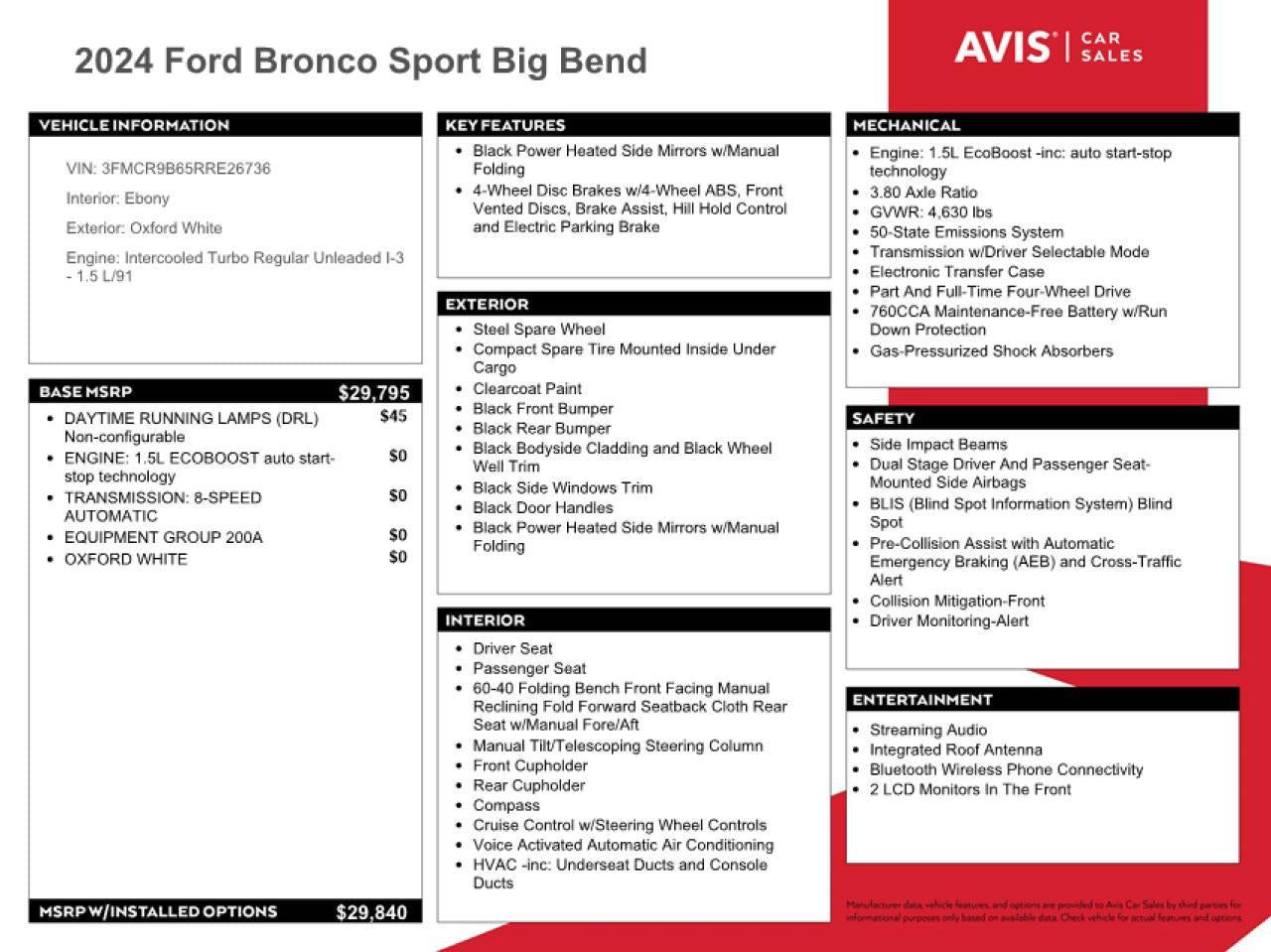 2024 FORD BRONCO SPORT BIG BEND VIN:3FMCR9B65RRE26736