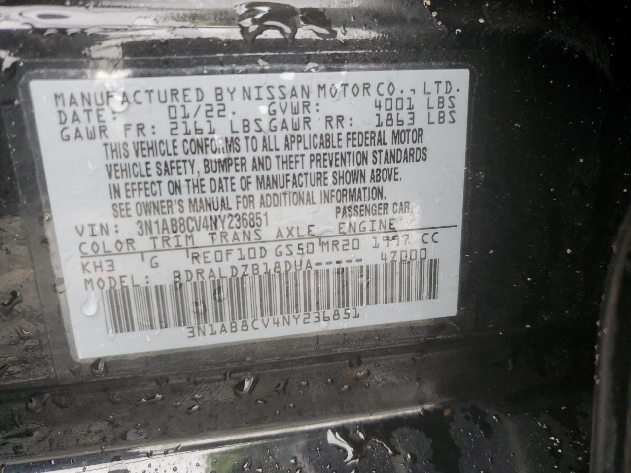 2022 NISSAN SENTRA SV VIN:3N1AB8CV4NY236851