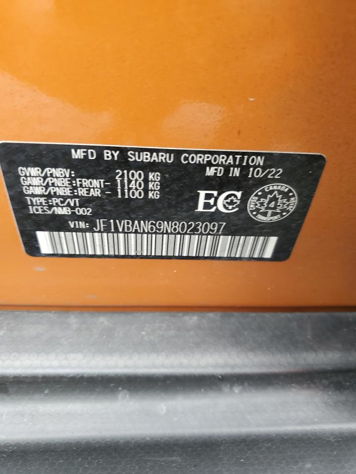 2022 SUBARU WRX LIMITED VIN:JF1VBAN69N8023097