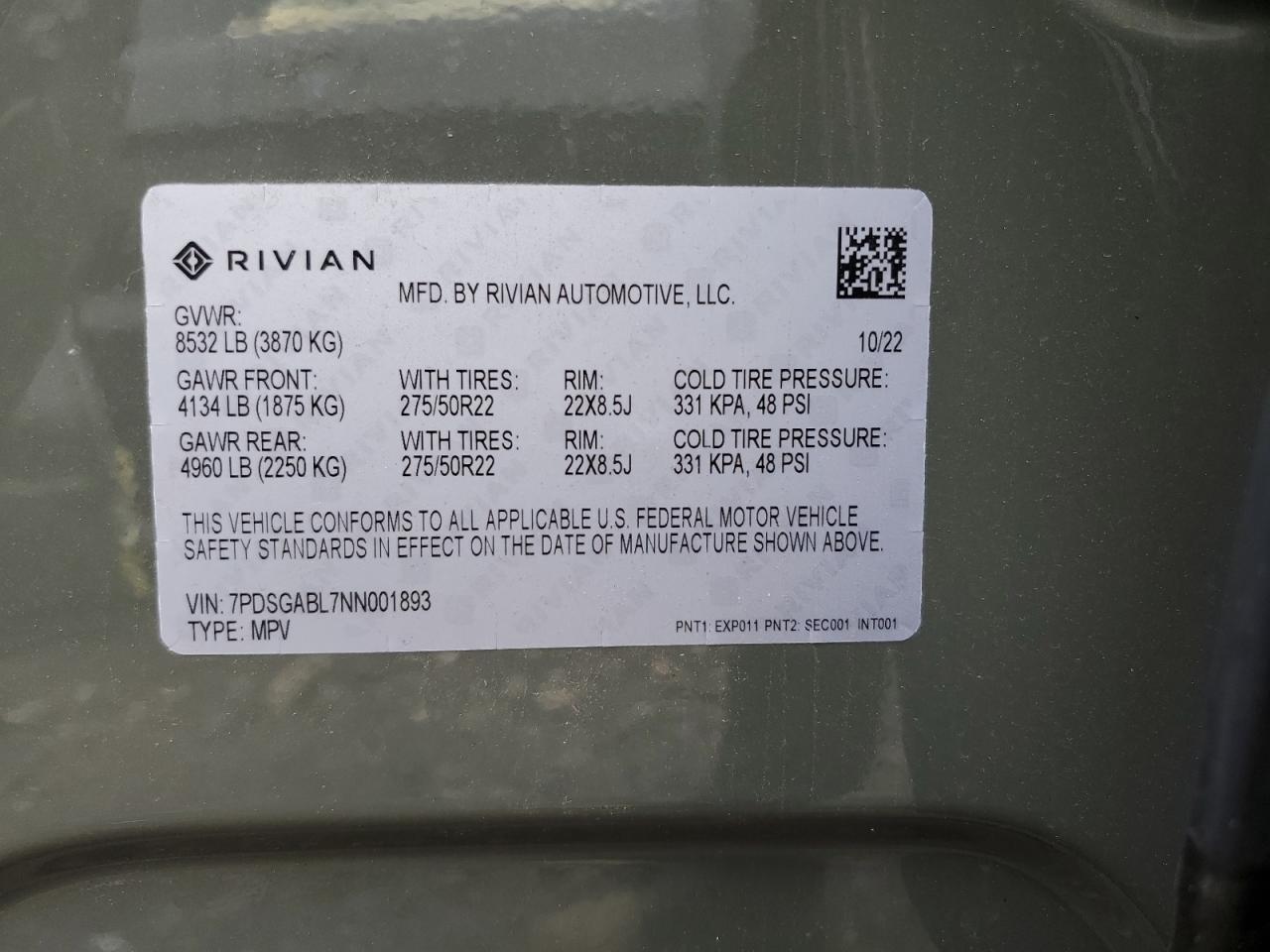 2022 RIVIAN R1S LAUNCH EDITION VIN:7PDSGABL7NN001893