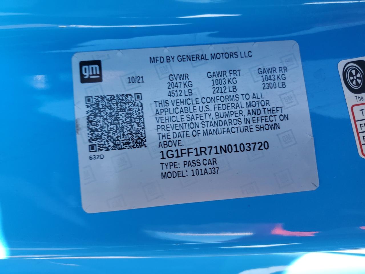 2022 CHEVROLET CAMARO LT1 VIN:1G1FF1R71N0103720