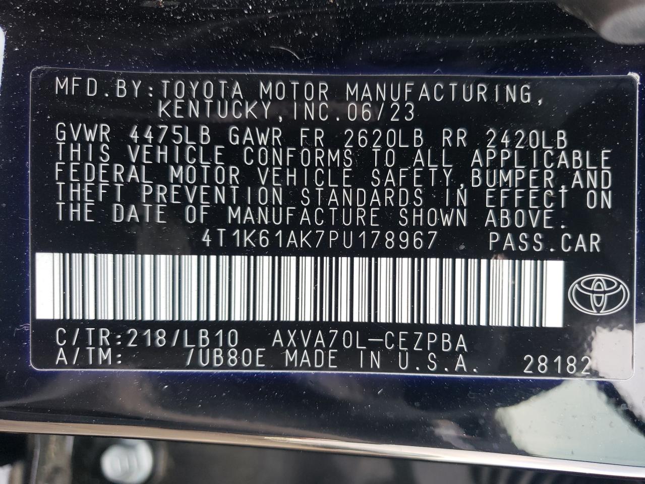 2023 TOYOTA CAMRY XSE VIN:4T1K61AK7PU178967