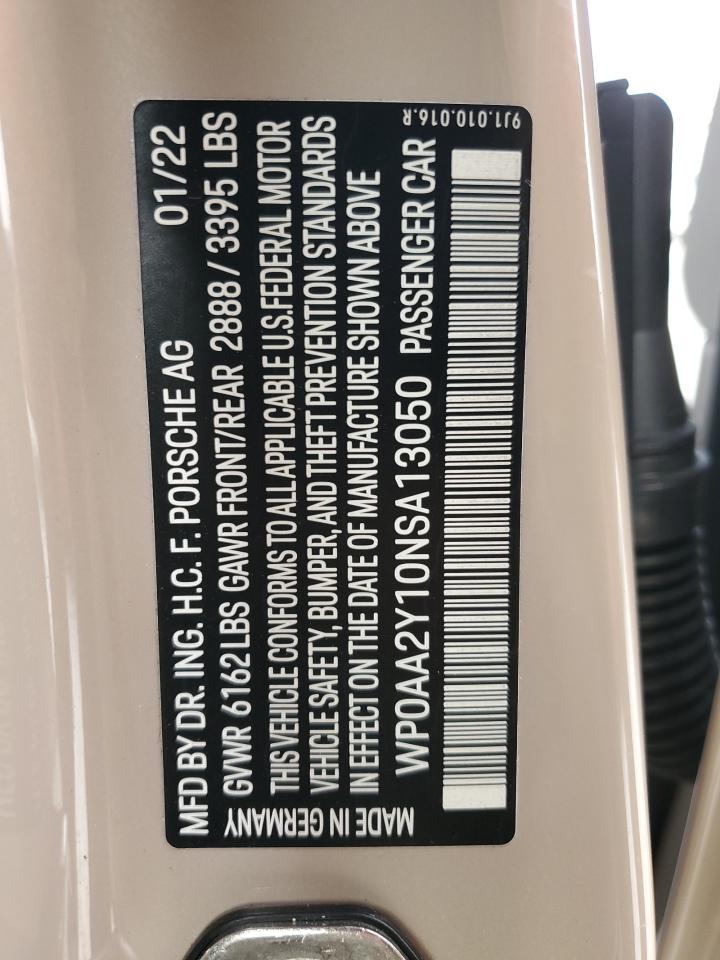 2022 PORSCHE TAYCAN  VIN:WP0AA2Y10NSA13050