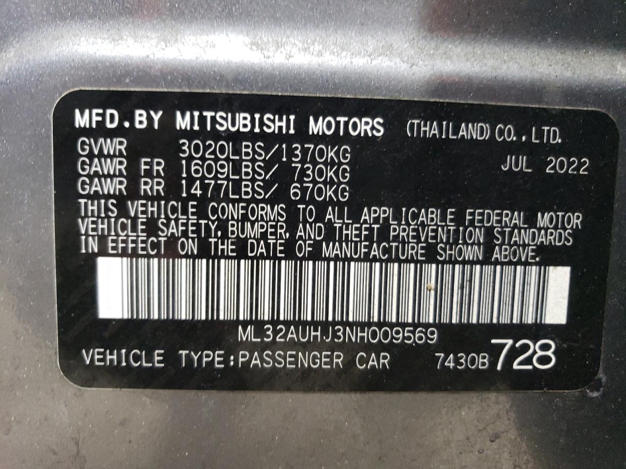 2022 MITSUBISHI MIRAGE ES VIN:ML32AUHJ3NH009569