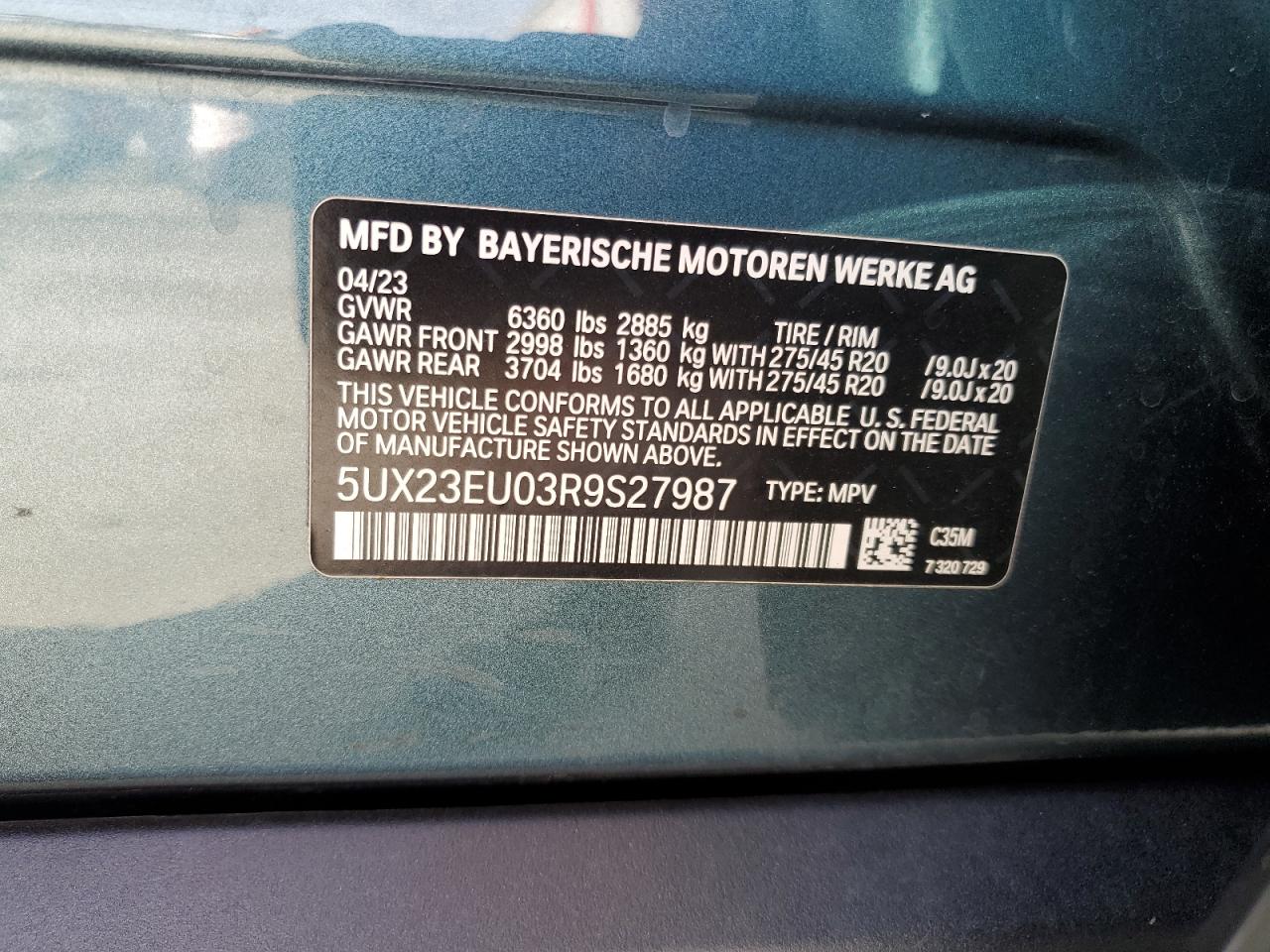 2024 BMW X5 XDRIVE40I VIN:5UX23EU03R9S27987