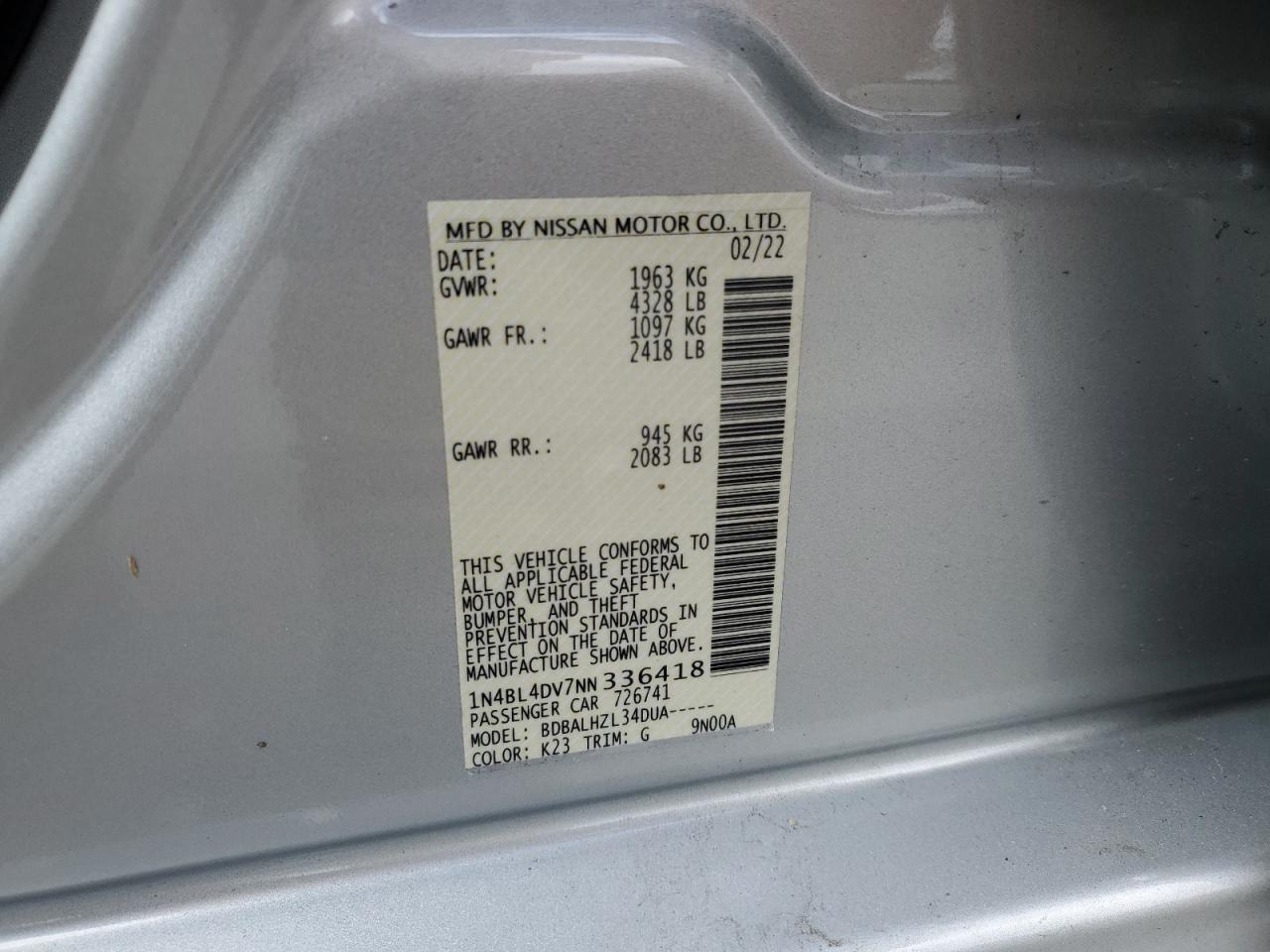 2022 NISSAN ALTIMA SV VIN:1N4BL4DV7NN336418