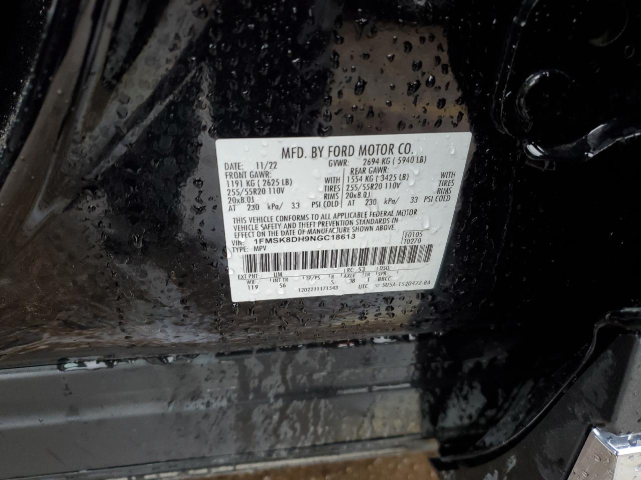 2022 FORD EXPLORER XLT VIN:1FMSK8DH9NGC18613