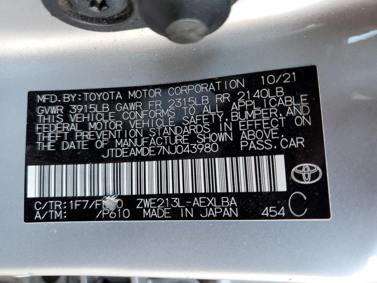 2022 TOYOTA COROLLA LE VIN:JTDEAMDE7NJ043980