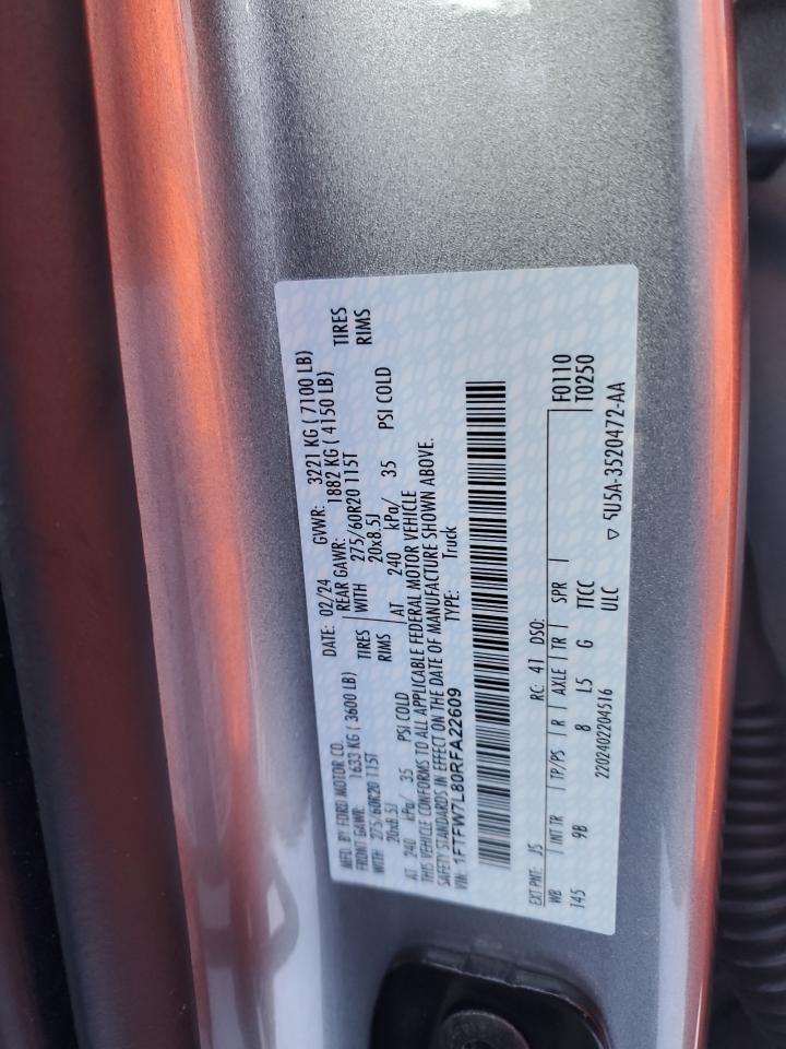 2024 FORD F150 PLATINUM VIN:1FTFW7L80RFA22609