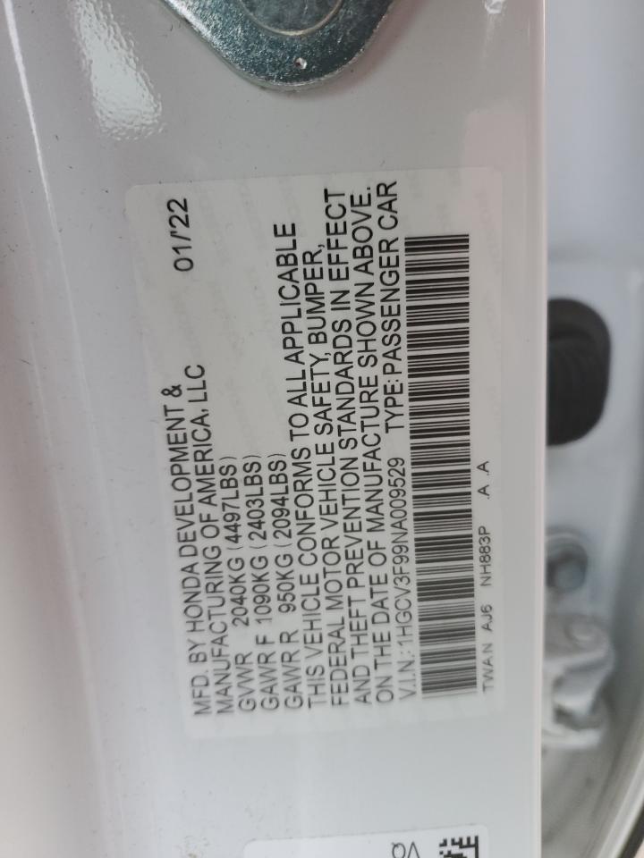 2022 HONDA ACCORD TOURING HYBRID VIN:1HGCV3F99NA009529