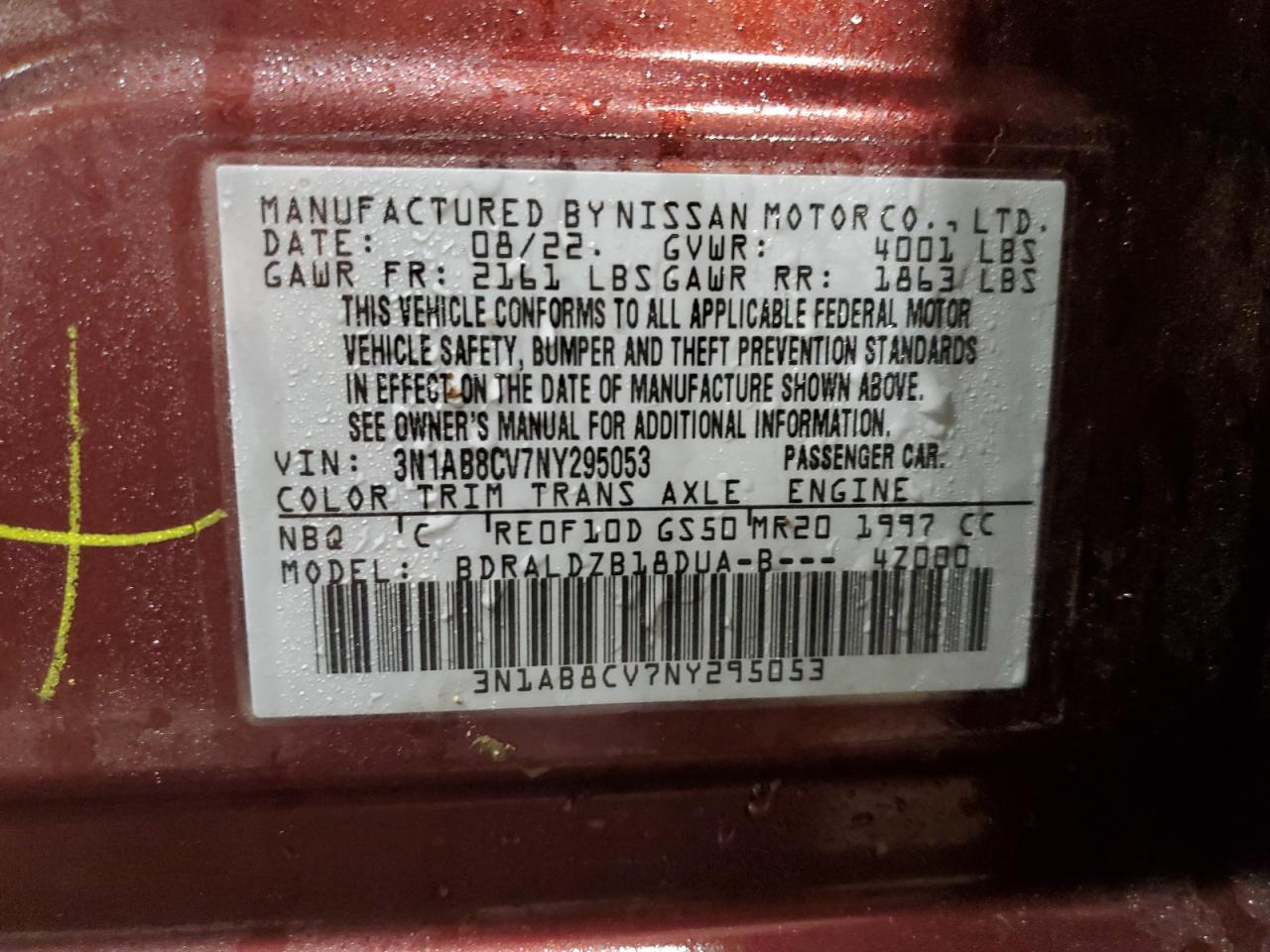 2022 NISSAN SENTRA SV VIN:3N1AB8CV7NY295053