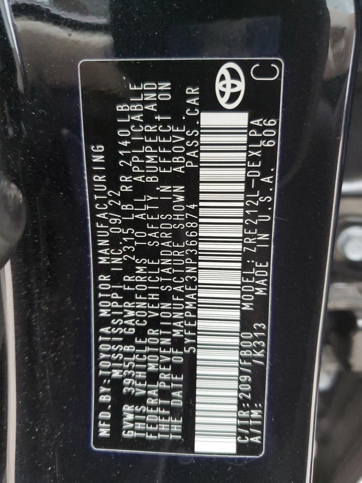 2022 TOYOTA COROLLA LE VIN:5YFEPMAE3NP366874