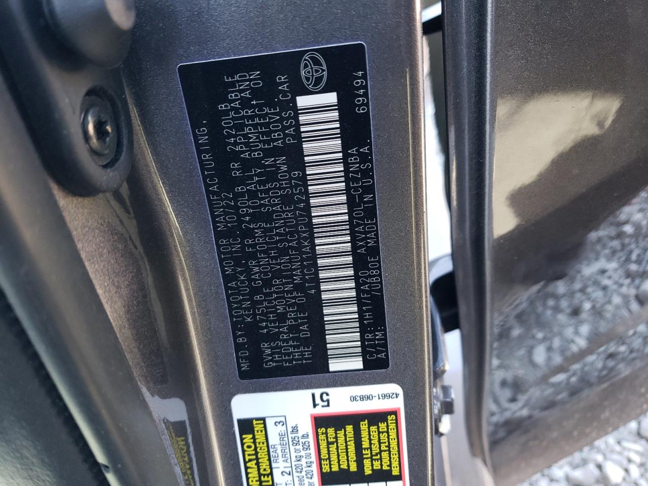 2023 TOYOTA CAMRY LE VIN:4T1C11AKXPU742579