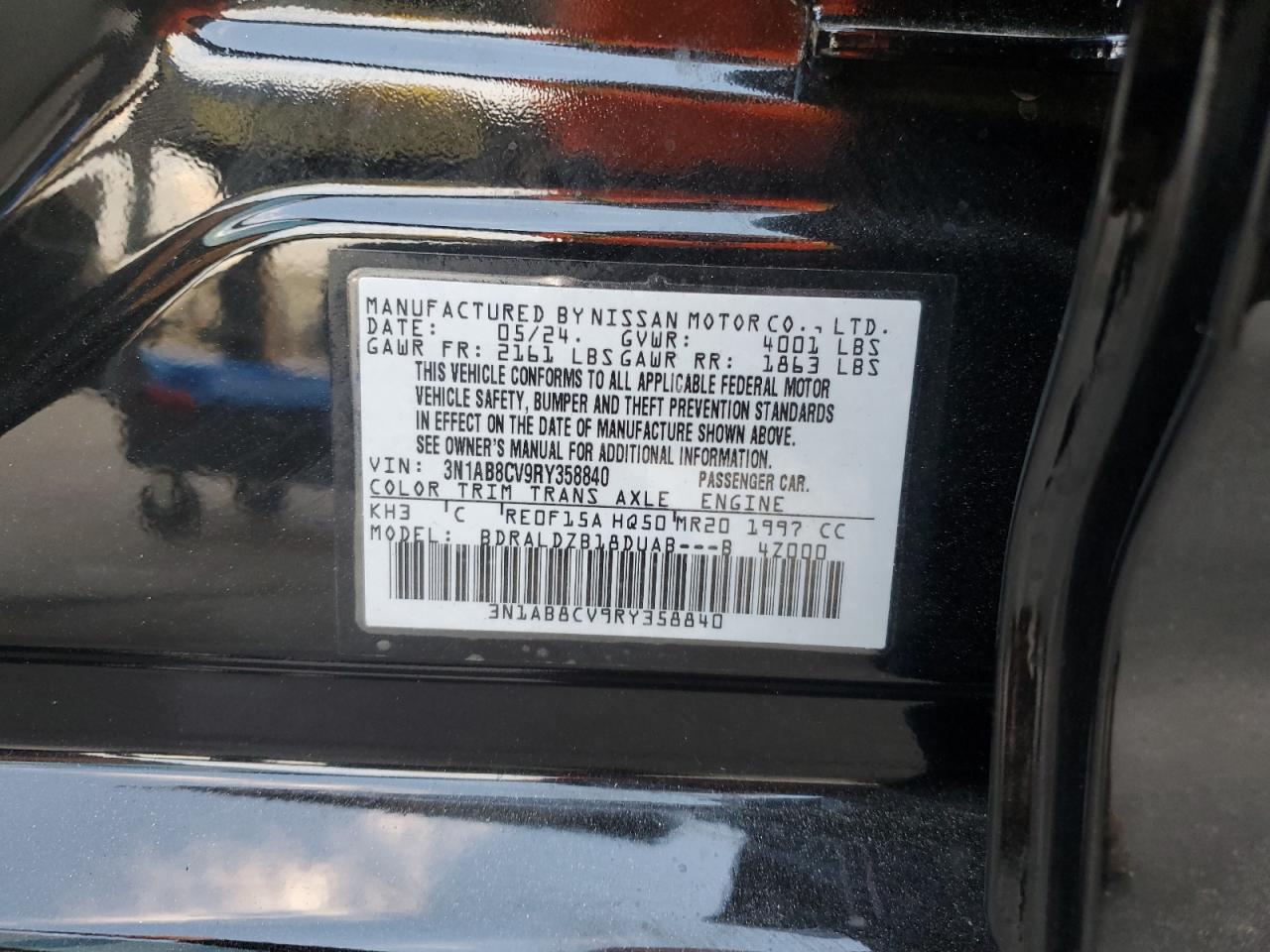 2024 NISSAN SENTRA SV VIN:3N1AB8CV9RY358840