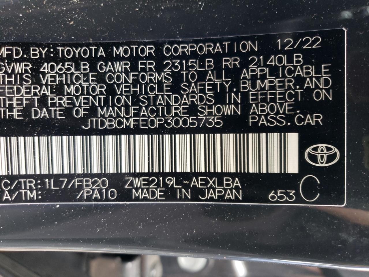 2023 TOYOTA COROLLA LE VIN:JTDBCMFE0P3005735