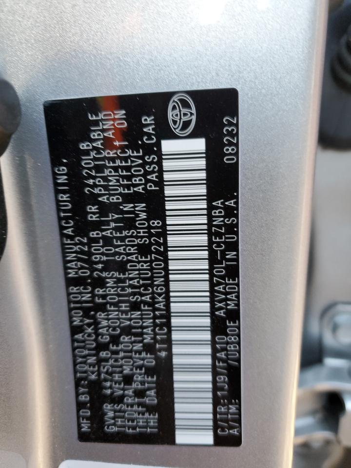 2022 TOYOTA CAMRY LE VIN:4T1C11AK6NU072218