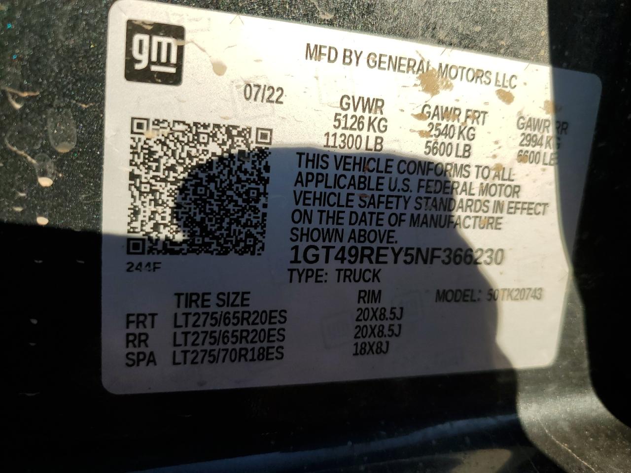 2022 GMC SIERRA K2500 DENALI VIN:1GT49REY5NF366230